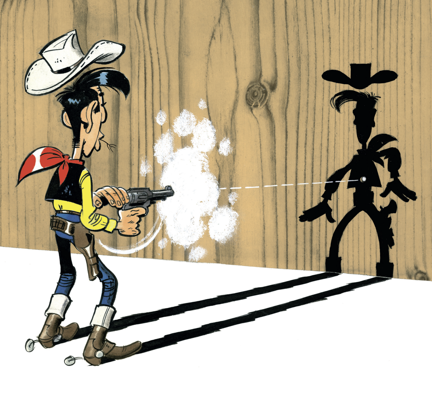 Lucky Luke disparando más rápido que su sombra